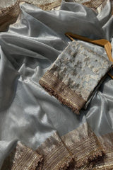 Banarasi Silver Grey Tissue Silk Saree image 5