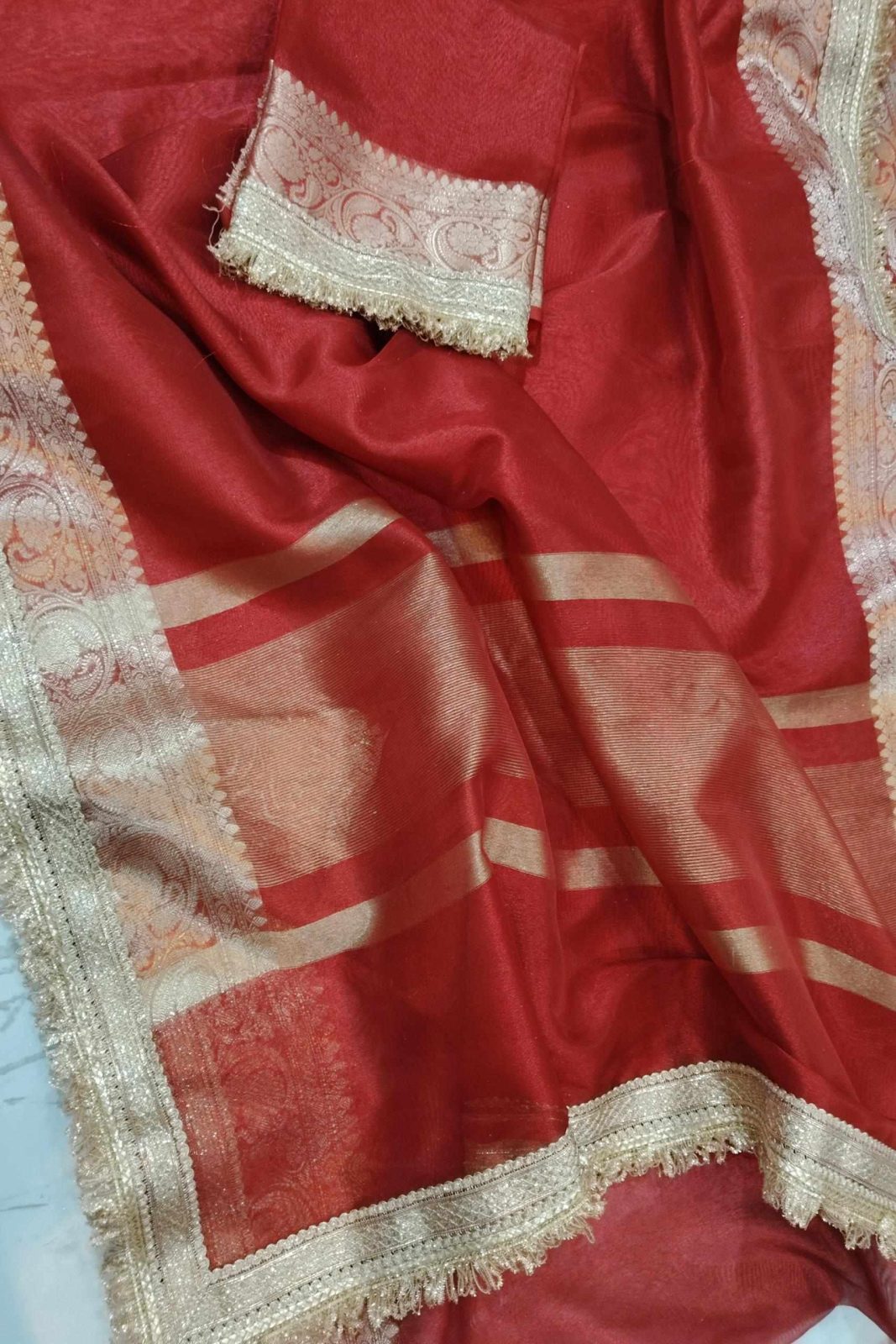 Banarasi Soft Glass Tissue Silk Red Saree image 1