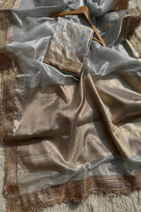 Banarasi Silver Grey Tissue Silk Saree image 4
