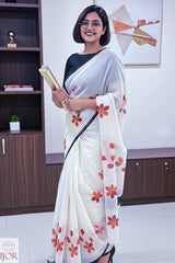 Alpona - Hand Painted Mul Cotton Saree - Off White