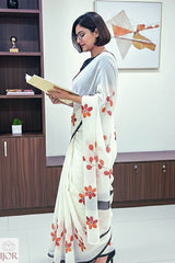 Alpona - Hand Painted Mul Cotton Saree - Off White
