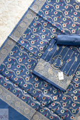 Dusty Blue Muga Silk in Minakari work Unstitched Suit
