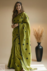 Aranya Polka Pure Khadi Cotton Olive Green Saree with Tassels