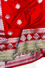 Crimson Red Mashru Silk Saree with Maharani Lace