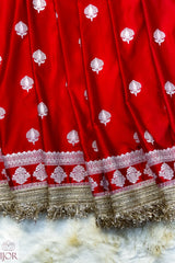 Crimson Red Mashru Silk Saree with Maharani Lace