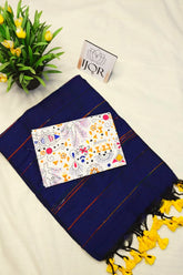 Mayuri - Pure Khes Khadi Cotton with Blouse Piece - Navy Blue