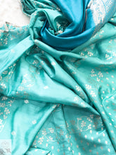 Sea Green Pure Chiniya Silk Saree with Silver Zari Work & Contrasting Blue Blouse