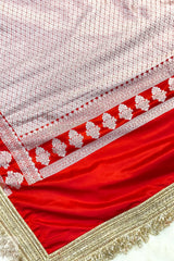 Crimson Red Mashru Silk Saree with Maharani Lace