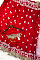 Crimson Red Mashru Silk Saree with Maharani Lace