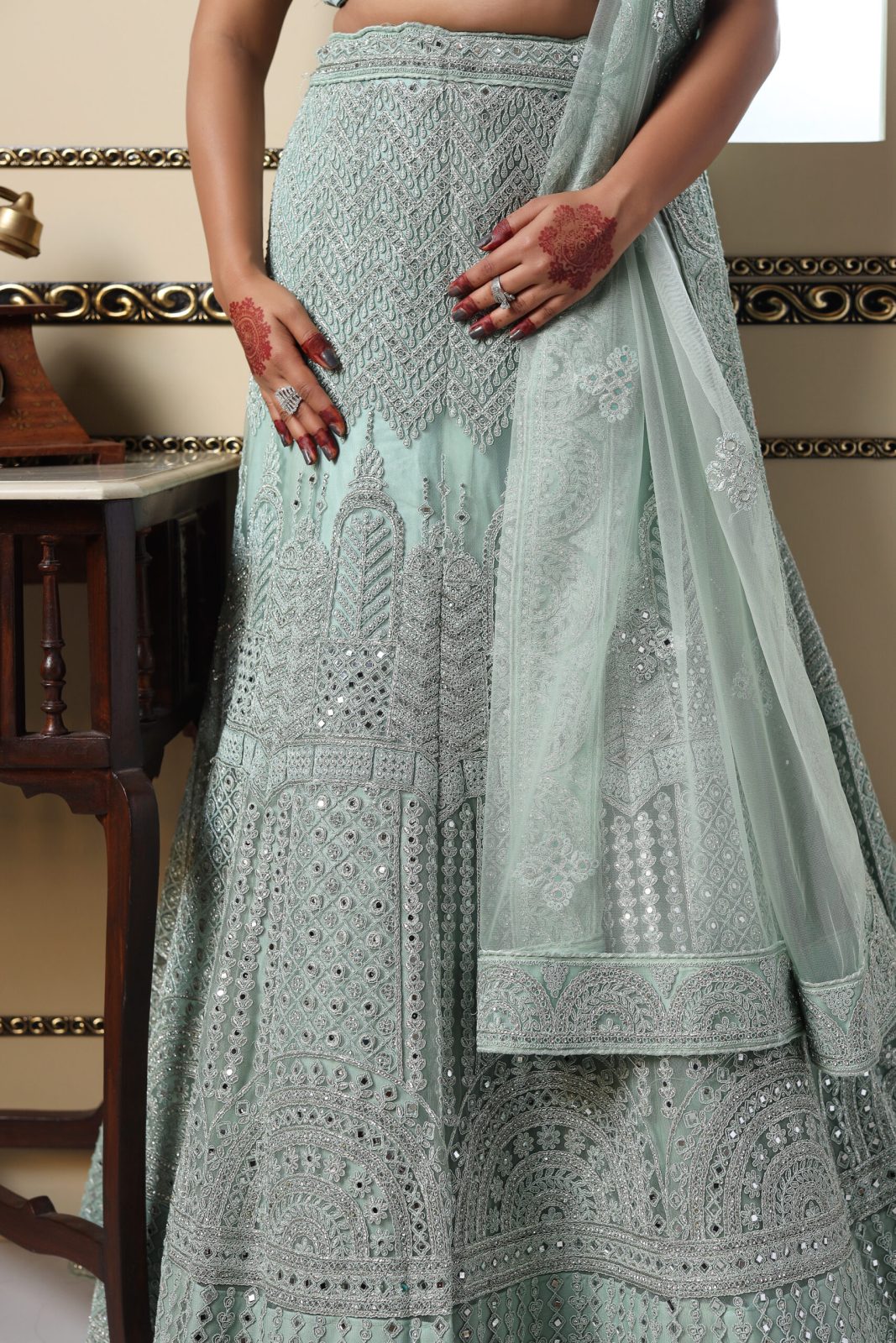Seafoam Pastel green Embroidered Lehenga image 4