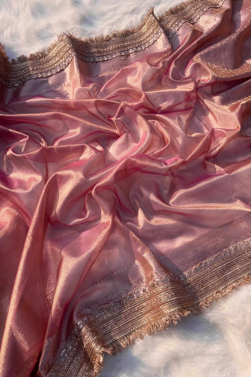 Banarasi Soft Tissue Salmon Pink Silk Saree image 4
