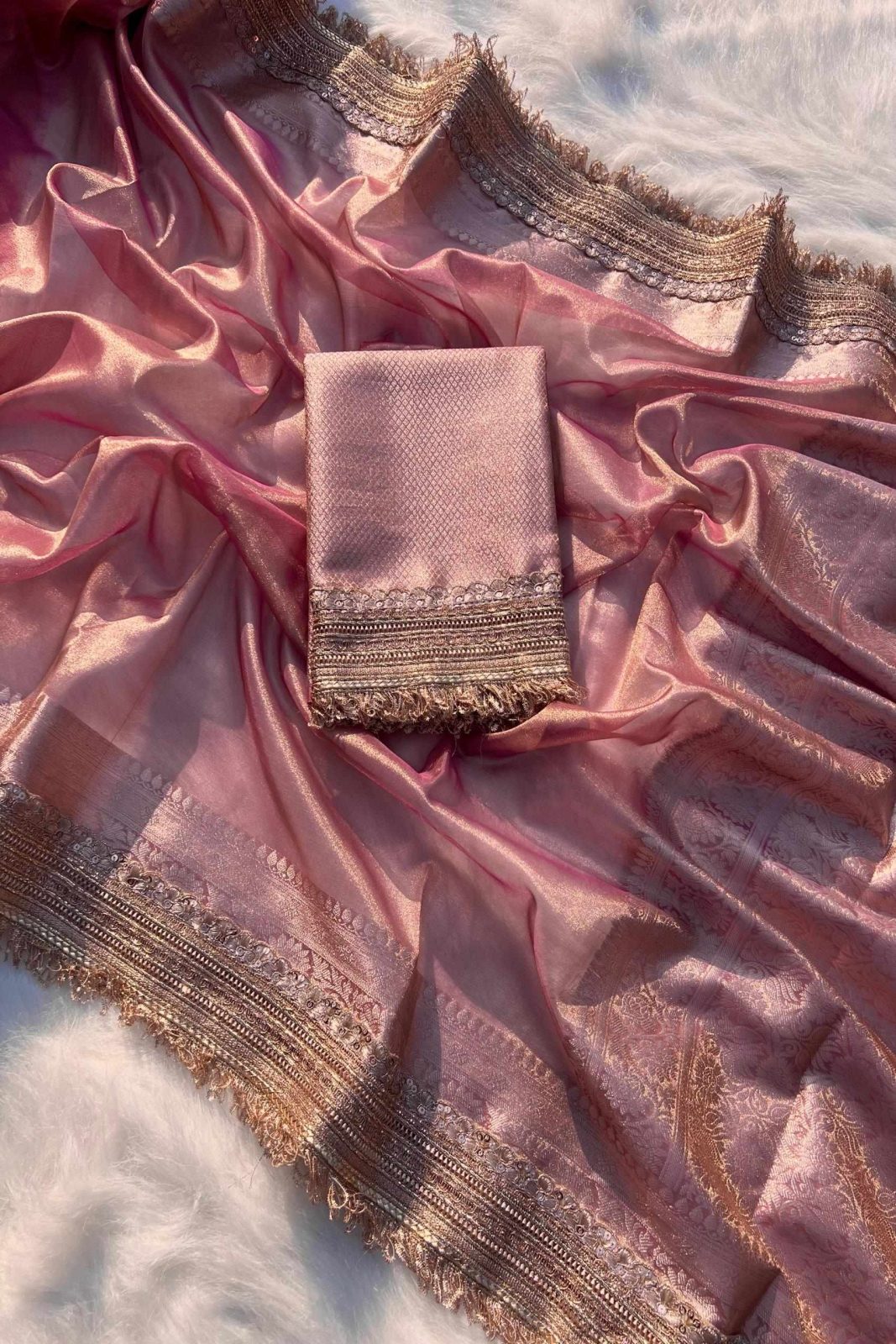 Banarasi Soft Tissue Salmon Pink Silk Saree image 5