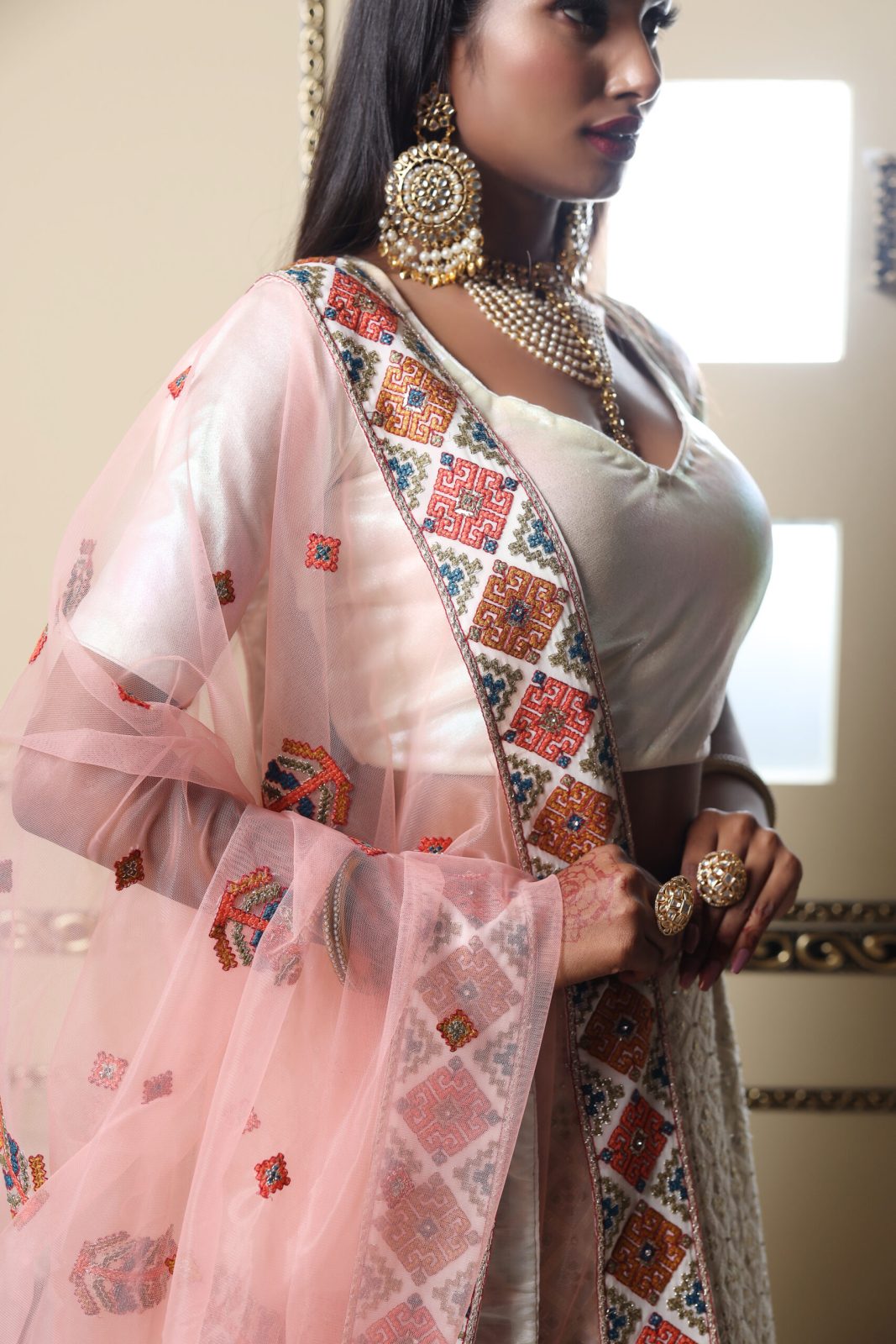 Pearl White Lehenga With Multicolor Patterns image 3