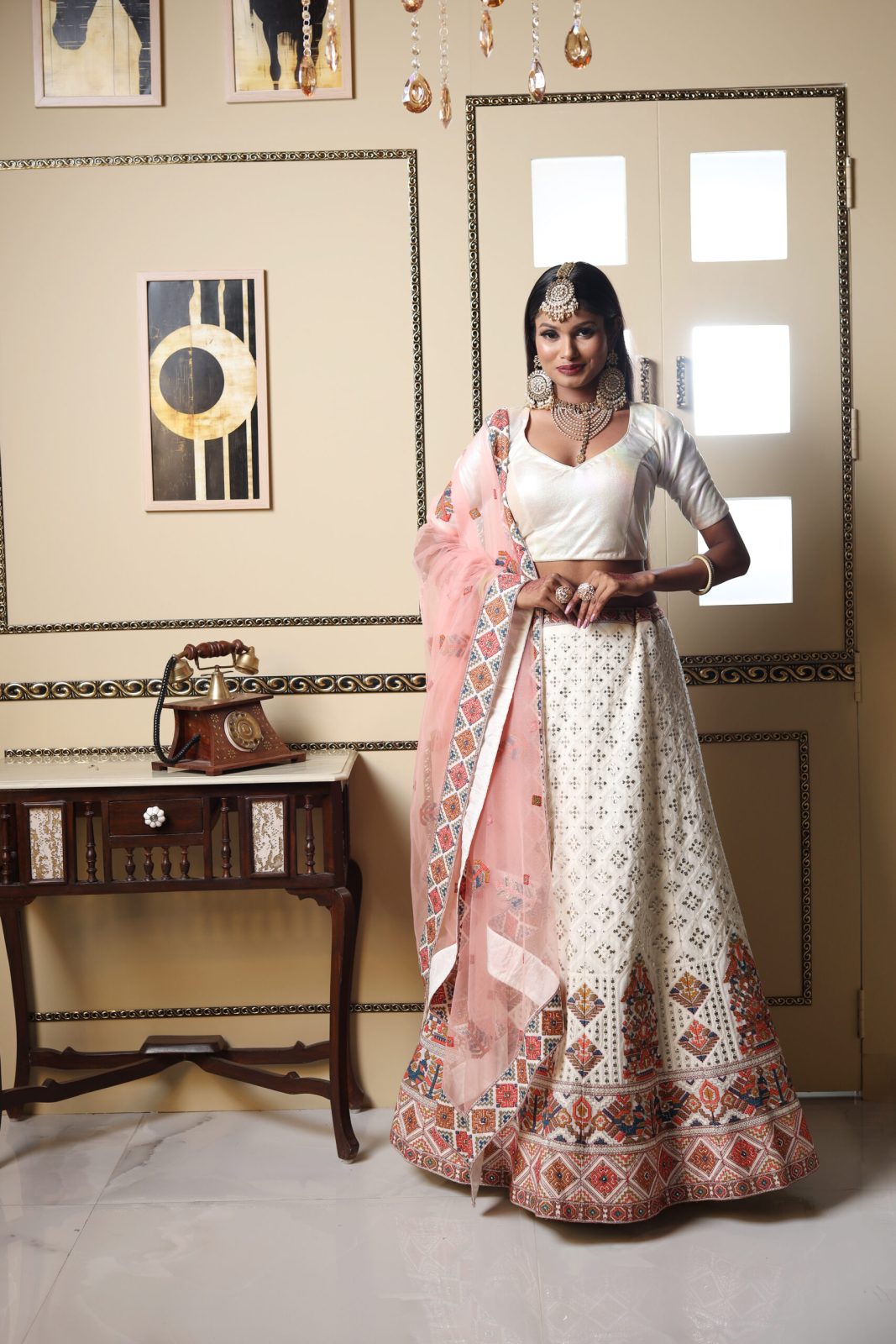 Pearl White Lehenga With Multicolor Patterns image 1