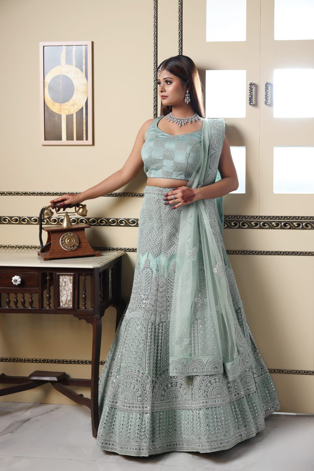 Seafoam Pastel green Embroidered Lehenga image 3