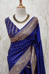Pure Khadi Crepe Georgette Silk Saree - Blue image