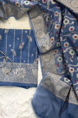 Dusty Blue Muga Silk in Minakari work Unstitched Suit