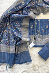 Dusty Blue Muga Silk in Minakari work Unstitched Suit