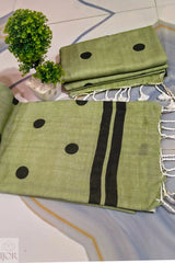 Aranya Polka Pure Khadi Cotton Olive Green Saree with Tassels
