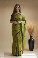 Aranya Polka Pure Khadi Cotton Olive Green Saree with Tassels