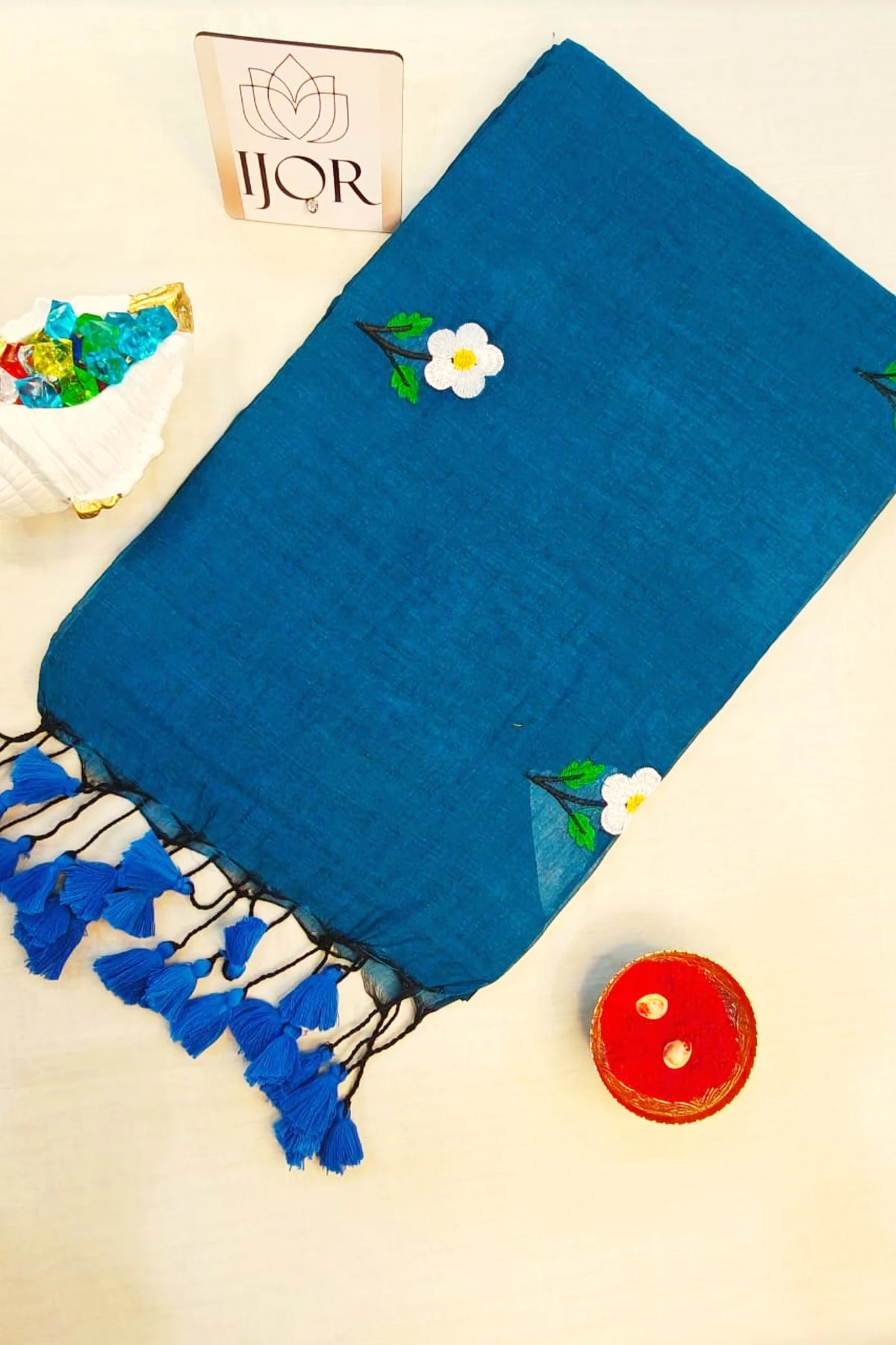 Shubhra Neel Mulmul Cotton with Floral Embriodary Blue