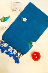 Shubhra Neel Mulmul Cotton with Floral Embriodary Blue