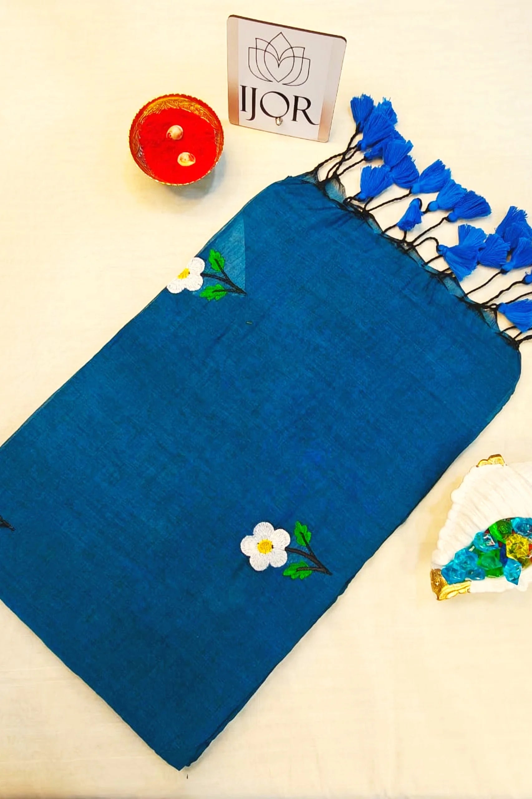 Shubhra Neel Mulmul Cotton with Floral Embriodary Blue