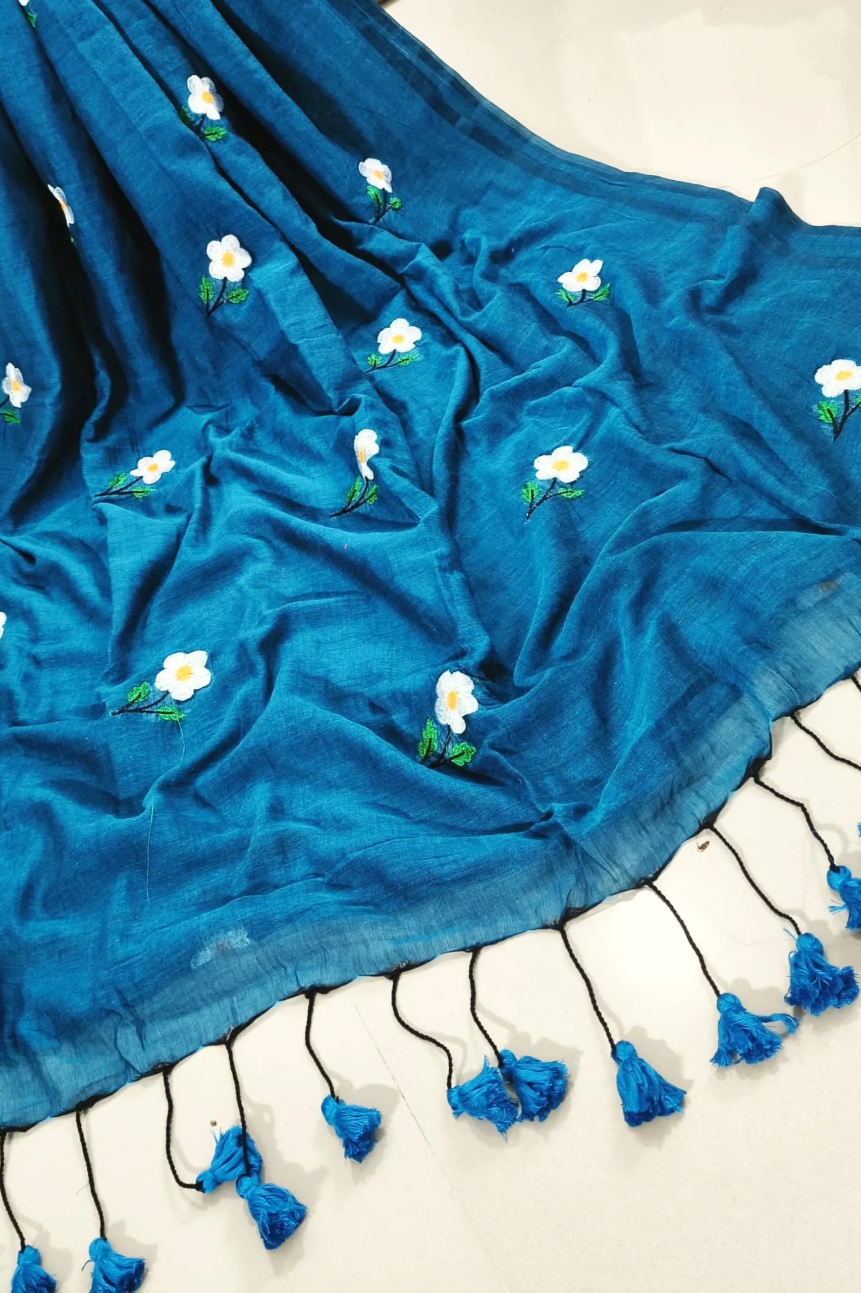 Shubhra Neel Mulmul Cotton with Floral Embriodary Blue