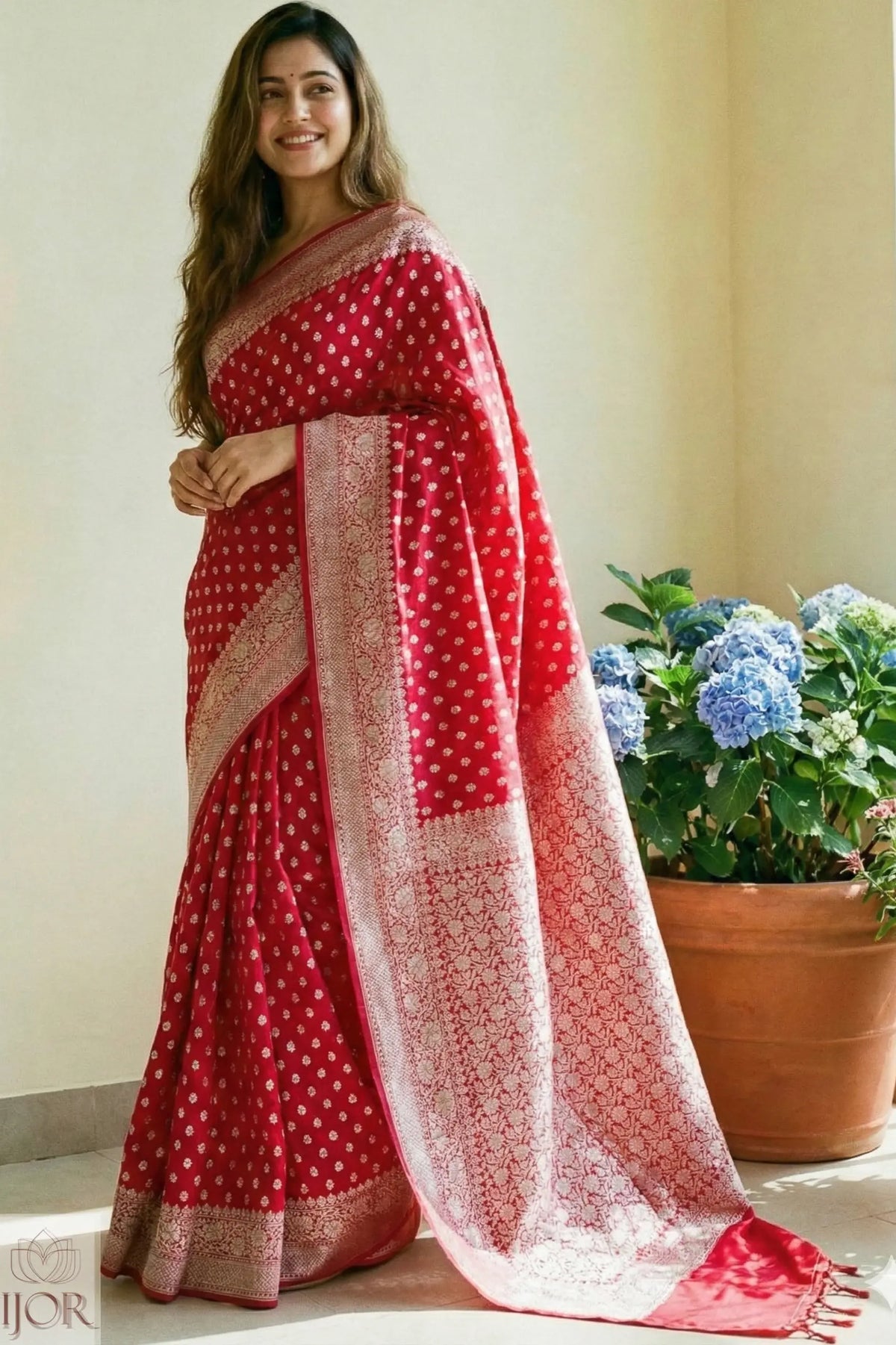 Nakshatras Crimson Red Banarasi Mashru Katan Silk Saree