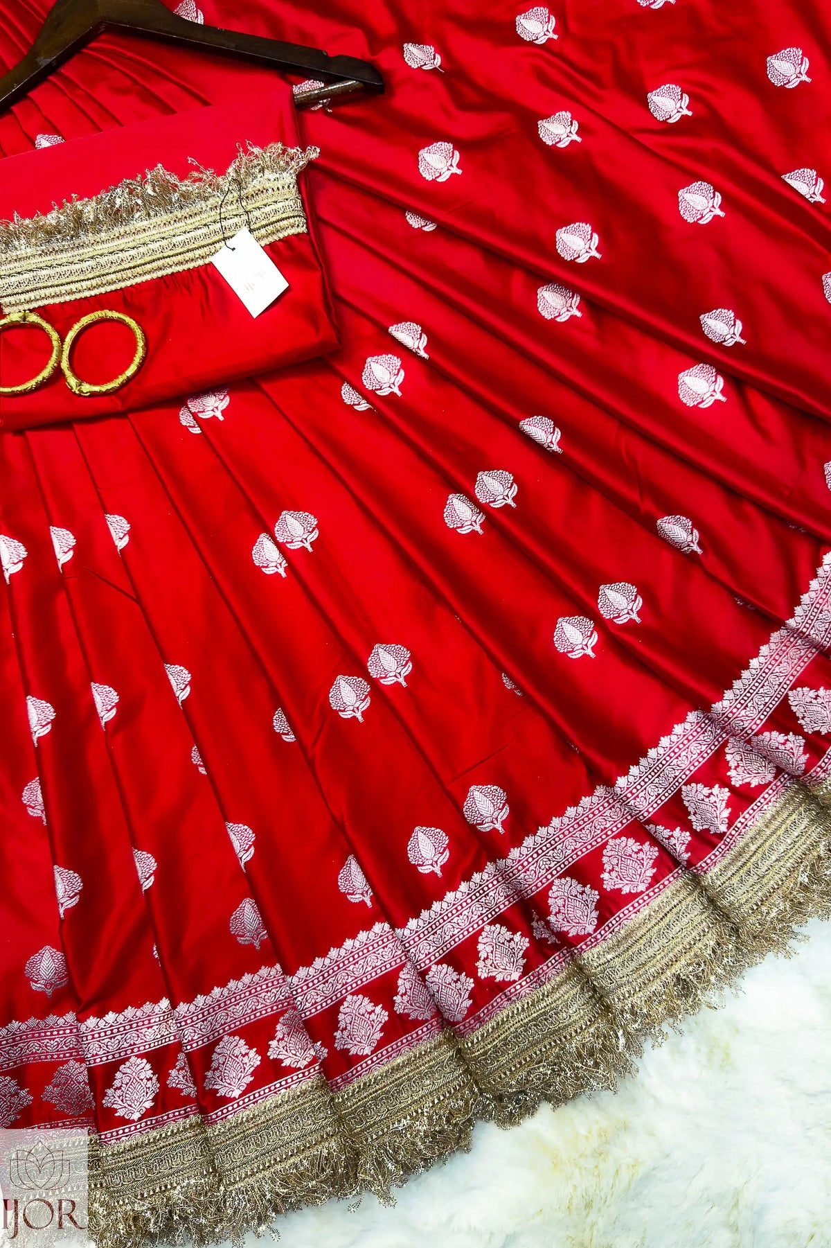 Crimson Red Mashru Silk Saree with Maharani Lace