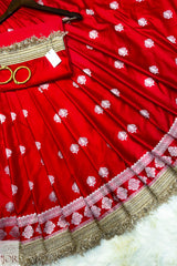 Crimson Red Mashru Silk Saree with Maharani Lace