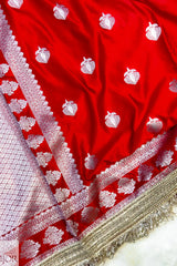 Crimson Red Mashru Silk Saree with Maharani Lace