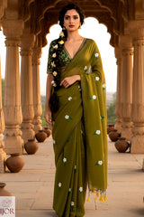 Mahendi Manjari - Pure Mulmul Cotton with Floral Embroidery Mehndi Green