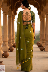 Mahendi Manjari - Pure Mulmul Cotton with Floral Embroidery Mehndi Green