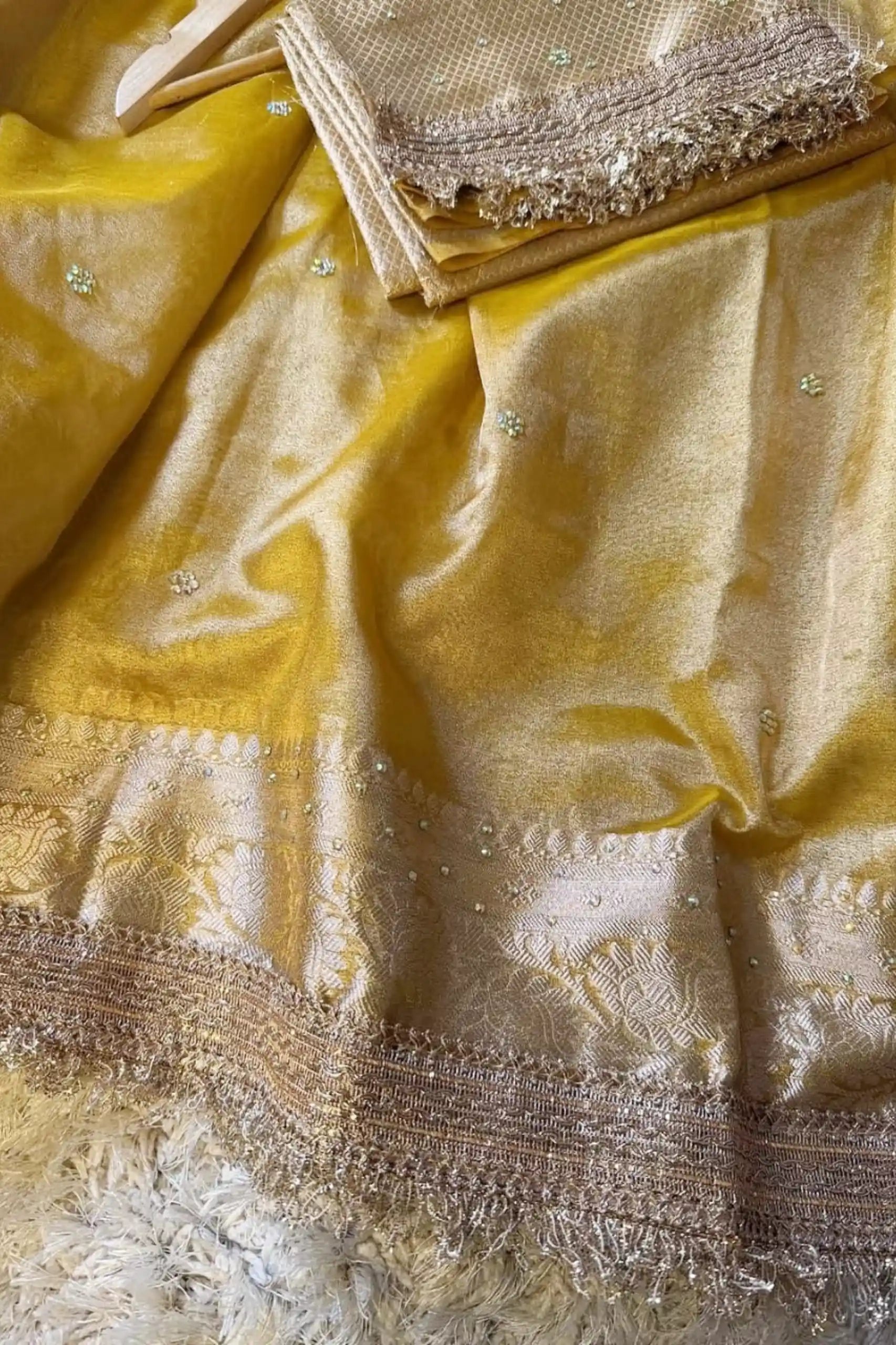 Kanak - Tissue Silk Saree with Stone work and Maharani Lace Golden