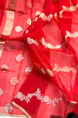 Scarlet Red Pure Kora Organza Silk Saree with Rangkaat Pattern with Silk Mark
