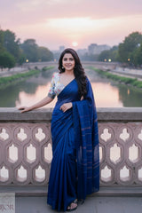 Mayuri - Pure Khes Khadi Cotton with Blouse Piece - Navy Blue