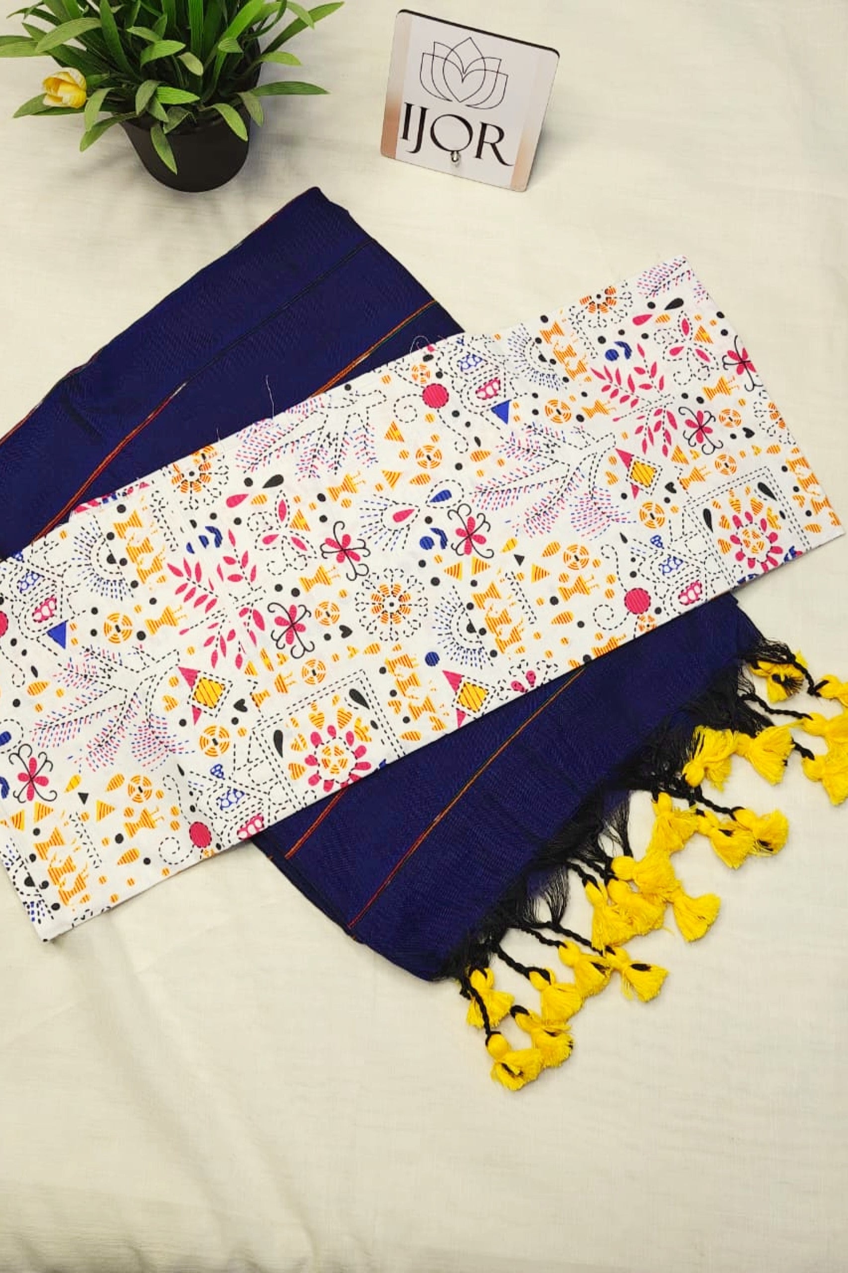 Mayuri - Pure Khes Khadi Cotton with Blouse Piece - Navy Blue