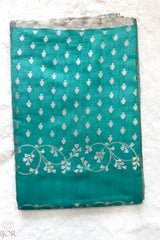Sea Green Pure Chiniya Silk Saree with Silver Zari Work & Contrasting Blue Blouse