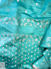 Sea Green Pure Chiniya Silk Saree with Silver Zari Work & Contrasting Blue Blouse