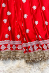 Crimson Red Mashru Silk Saree with Maharani Lace