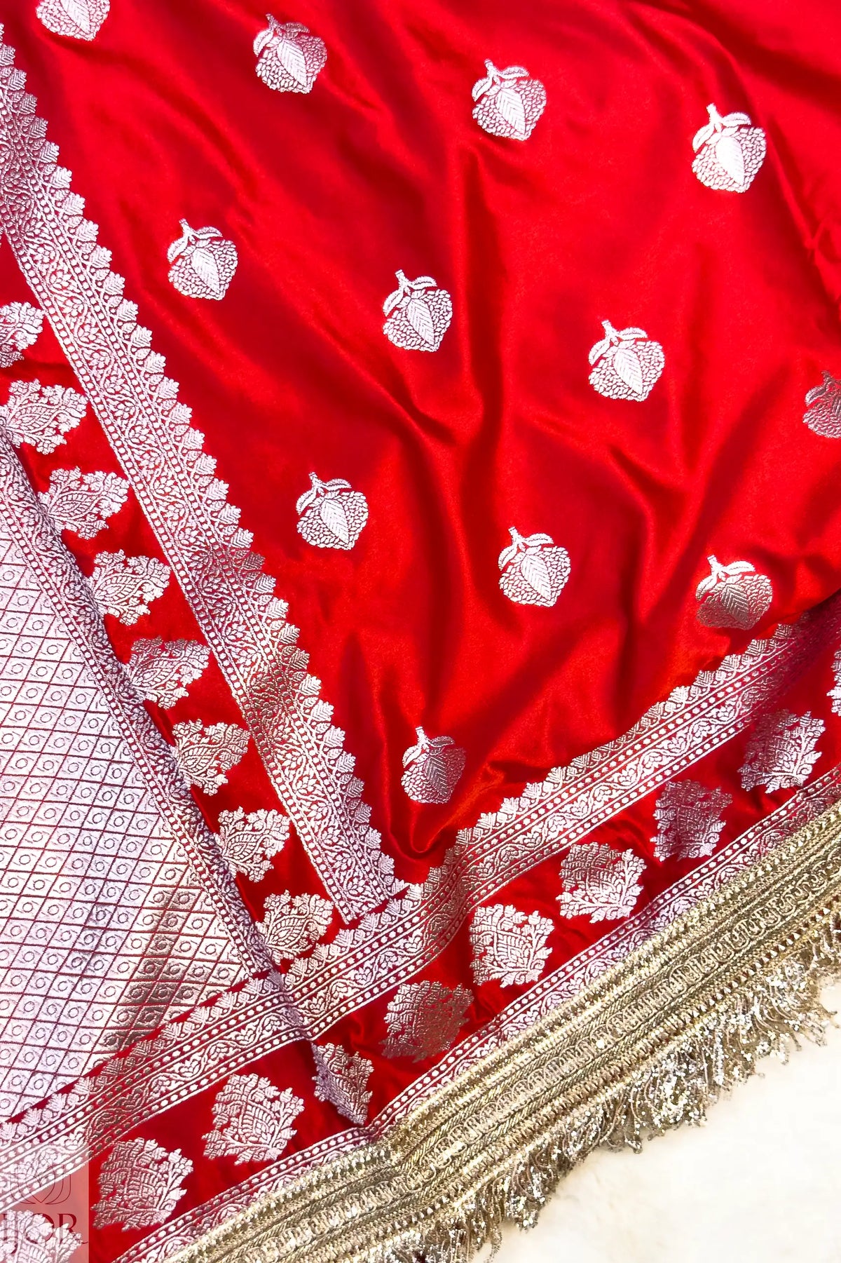 Crimson Red Mashru Silk Saree with Maharani Lace