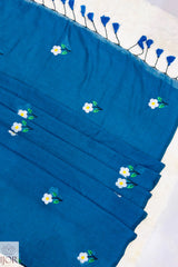 Shubhra Neel Mulmul Cotton with Floral Embriodary Blue