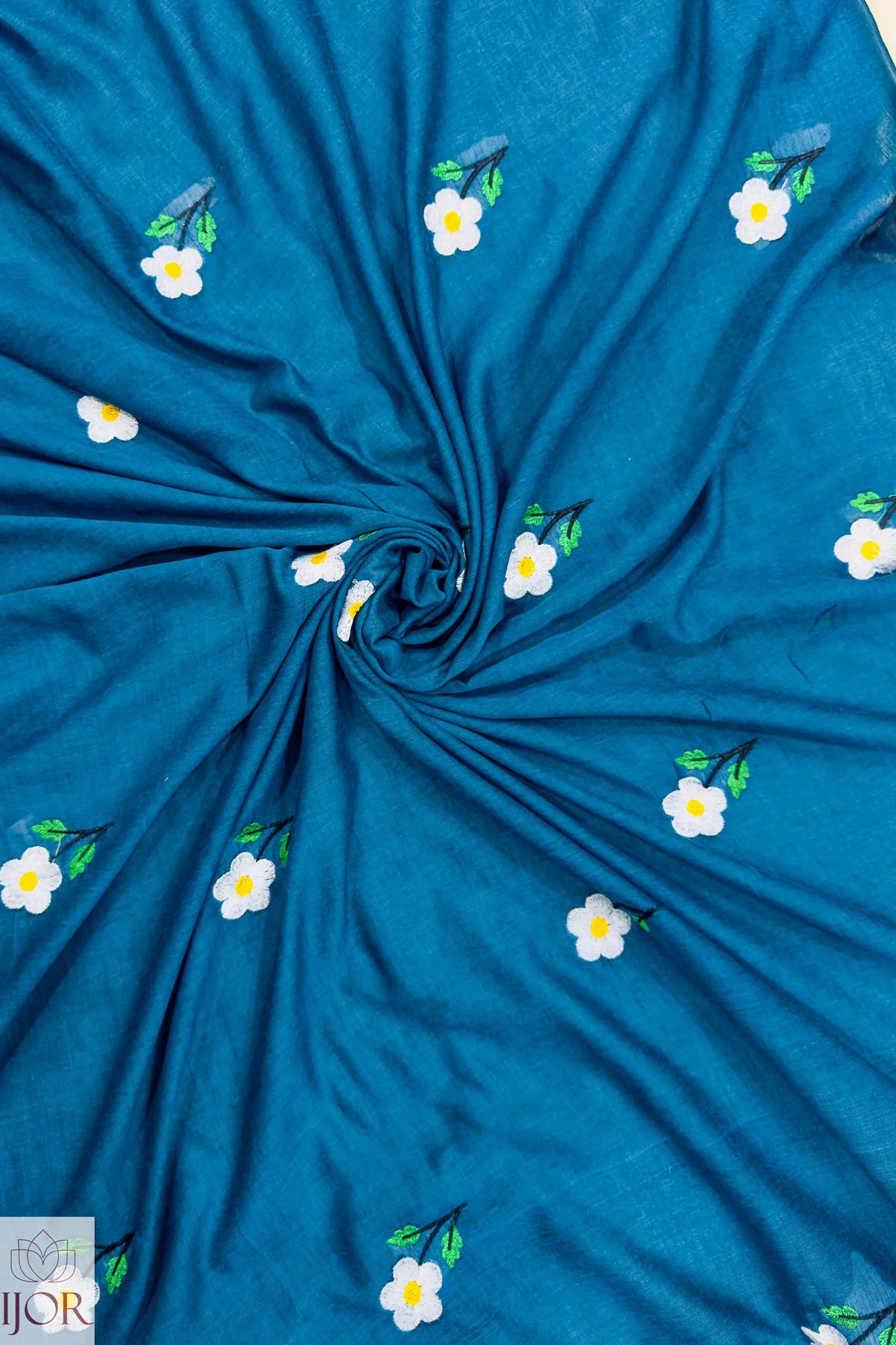 Shubhra Neel Mulmul Cotton with Floral Embriodary Blue