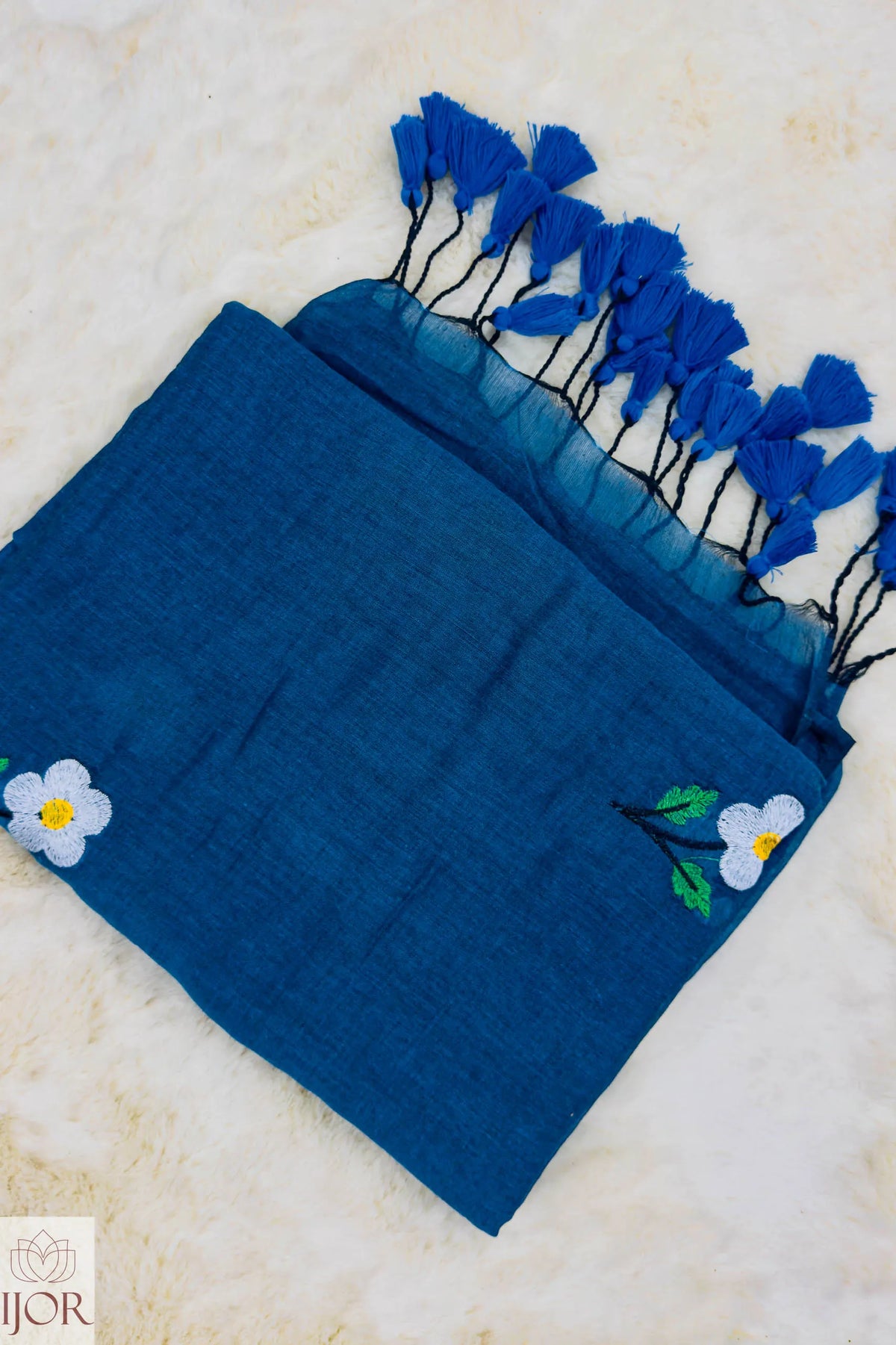 Shubhra Neel Mulmul Cotton with Floral Embriodary Blue