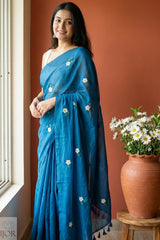 Shubhra Neel Mulmul Cotton with Floral Embriodary Blue