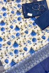 Syahi Blue Pure Soft Silk in Digital Print Unstitiched Suit