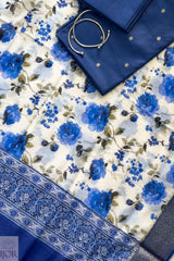 Syahi Blue Pure Soft Silk in Digital Print Unstitiched Suit