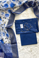 Syahi Blue Pure Soft Silk in Digital Print Unstitiched Suit