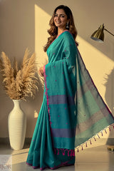 Teal Green Pure Mul Cotton Saree